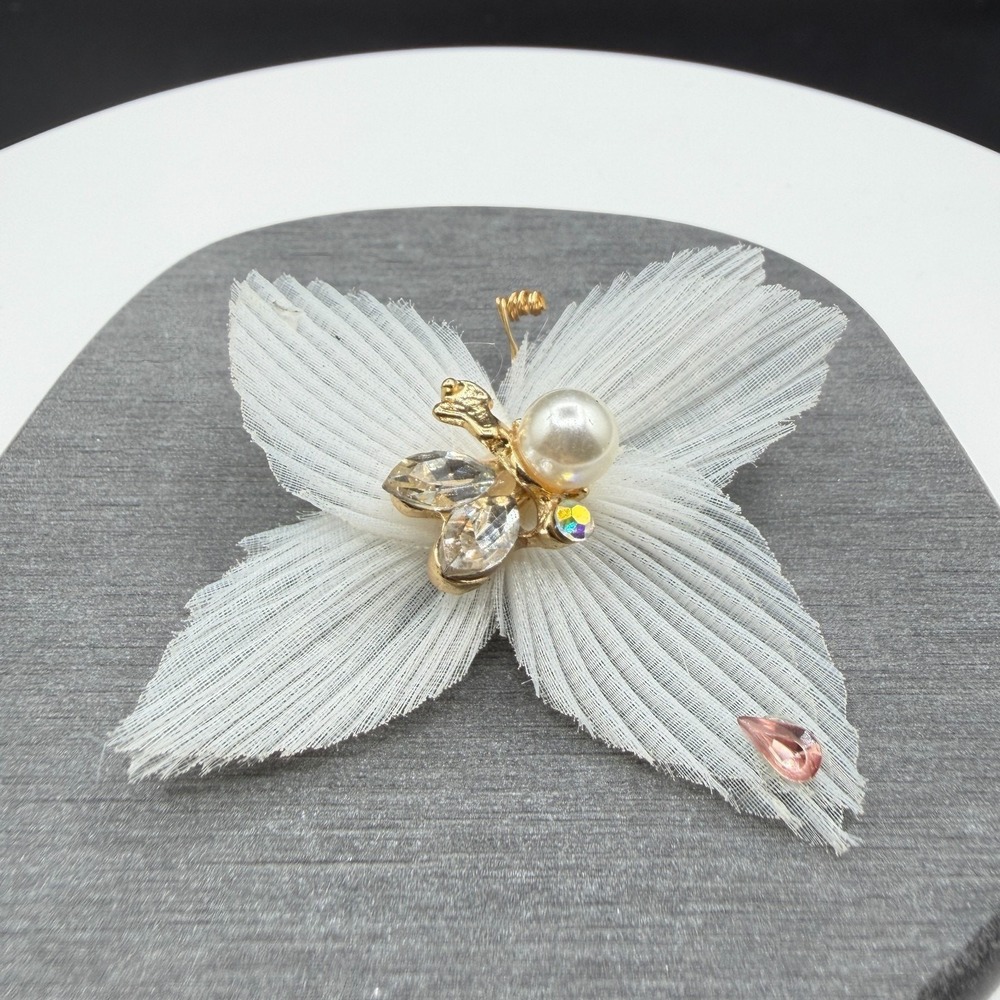 White Fabric Butterfly Hair Accessory Faux Pearl Rhinestone Gold Tone Bridal